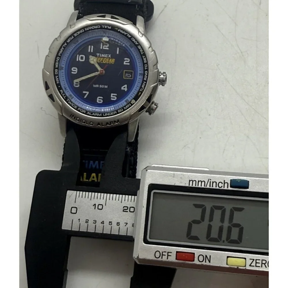 Vtg TIMEX Men Reef Gear Indiglo Alarm Analog Blue Dial Date Quartz Watch WR 50M